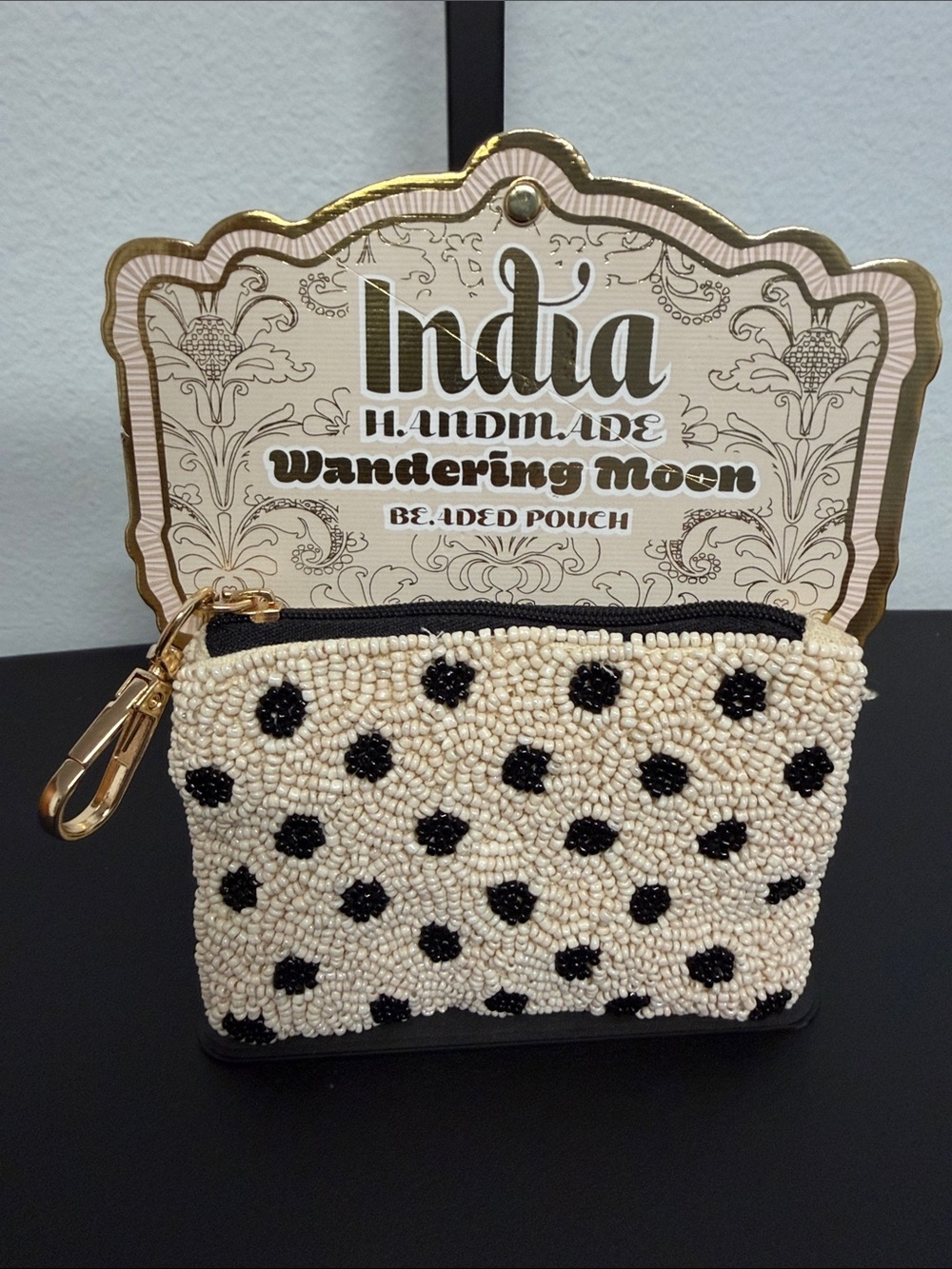 Wandering Moon | Cream & Black Polka Dot Beaded Coin Purse